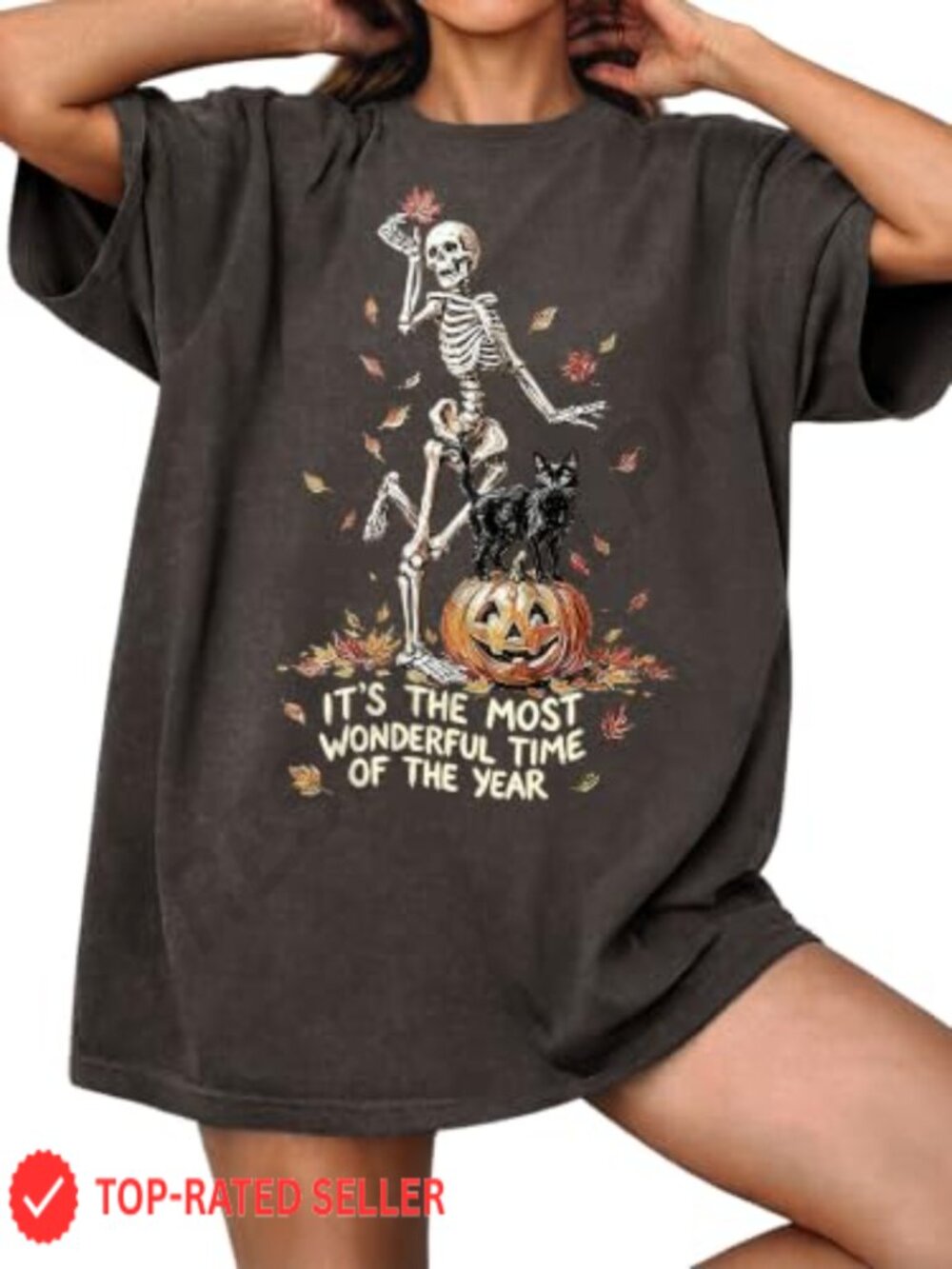 Womens Halloween Graphic Tee Washed Cotton Skeleton Pumpkin Fall T-Shirt